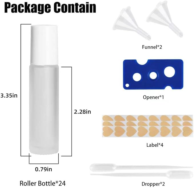 24-Pack 10ml Clear Frosted Glass Roll-On Bottles with Stainless Steel Rollers, Refillable Roll-On Applicators for Essential Oils, Castor Oil, Aromatherapy, and Empty Deodorant Containers
