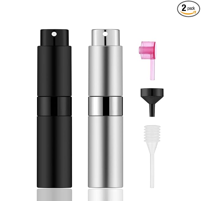 2 PCS/8ml Portable Mini Perfume Atomizer bottles, Empty Refillable Spray Bottle with 3 Types of Refill Tools, Pocket Travel Perfume Sample Bottles(Matte Black&Silver)