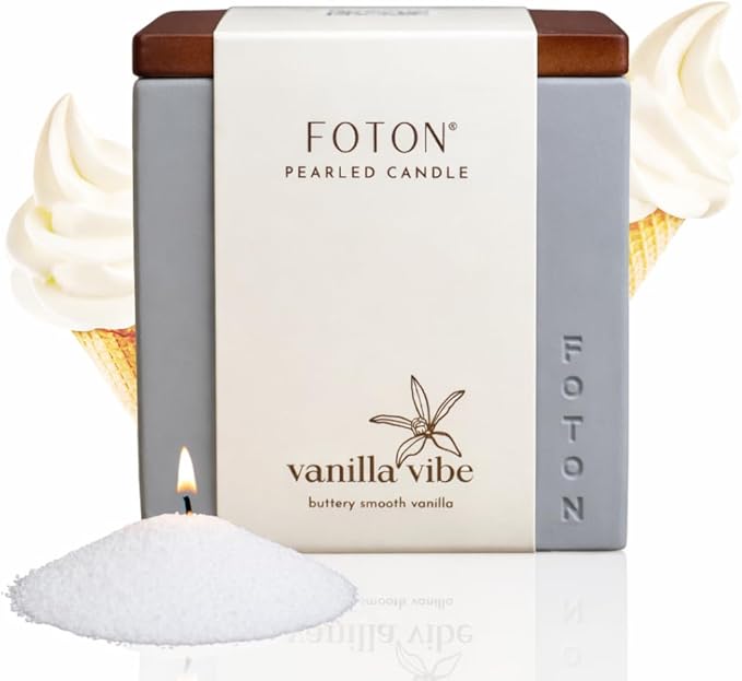 Foton Pearled Candle Le Cube Concrete Vase Set 16 Oz - Vanilla Vibe Scented - Refillable Jar Scented Candle Sand with 15 Wicks - Natural Non-Toxic Decorative Candles for Home