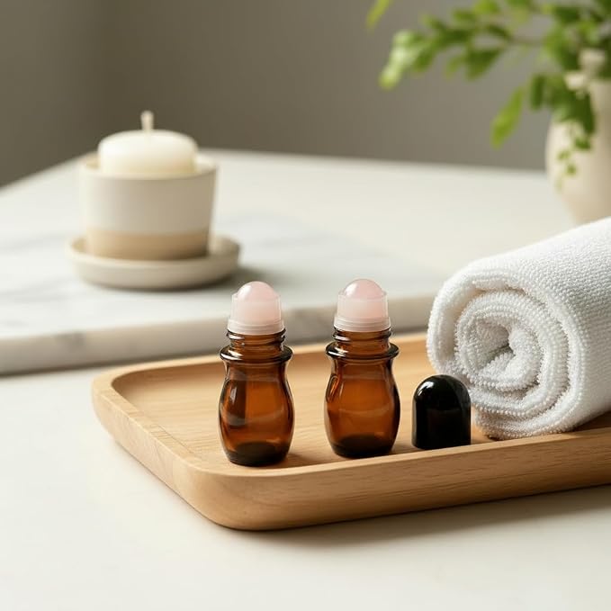 2 Pcs 50ml Glass Roll On Bottles with Jade Roller Balls Leak-Resistant Design for Essential Oils, Perfume & DIY Deodorant Refillable, Includes Funnel & Opener (Oval) (50ML Pink amber bottle)