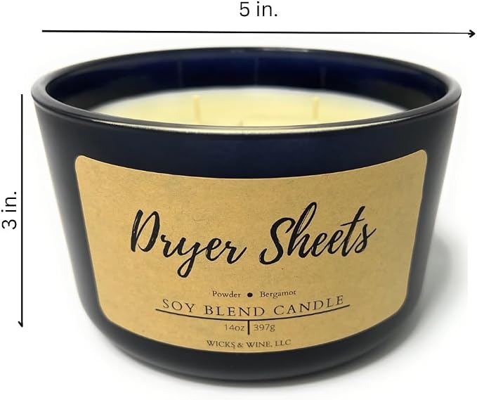 Wicks & Wine Soy Blend 3-Wick Cotton CORE Candle 14oz (Dryer Sheets)
