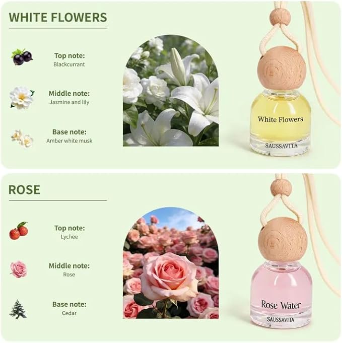 Car Air Freshener Diffuser 2 Pack Hanging Air Freshener Diffuser - Jasmine Lily&Rosa Scent Car Fresheners 120 days Long Lasting Vent Clip 0.34 oz Each Air Fresheners Gifts for Women Birthday