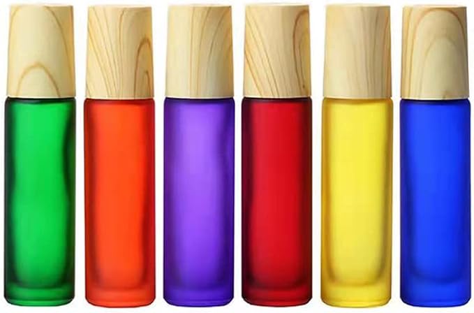 10 Pcs Frosted Glass Essential Oils Roll on Bottles,10ml Refillable Massage Roller Bottles Perfume Bottles with Stainless Steel Ball Wood Grain Cap Empty Travel Roller Essential Oils Vials(Pink)