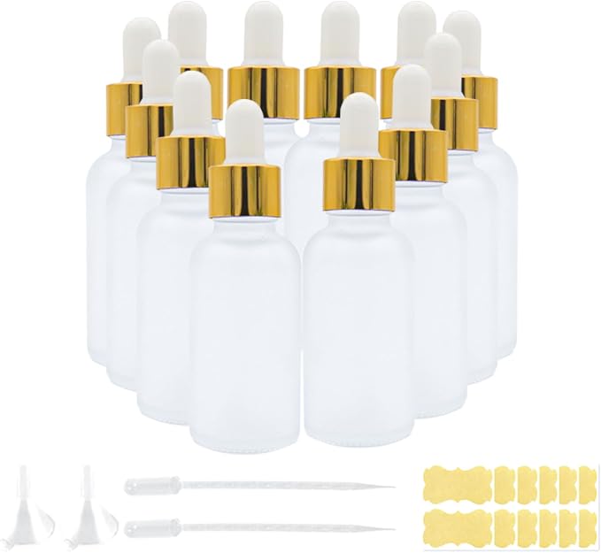 12 Pack,Clear Frosted Glass Dropper Bottle for Essential Oils,Empty Glass Liquid Holder With Glass Eye Dropper,Golden Caps Travel Perfume Cosmetic Container-Pipette&Funnel included (30ml/1oz)