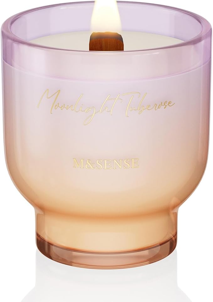 M&SENSE 9.9oz Natural Soy Wax Jar Candle with Wooden Wick | Moonlight Tuberose Scent | 55-Hour Burn & Long-Lasting Burn | Housewarming Gift for Men and Women