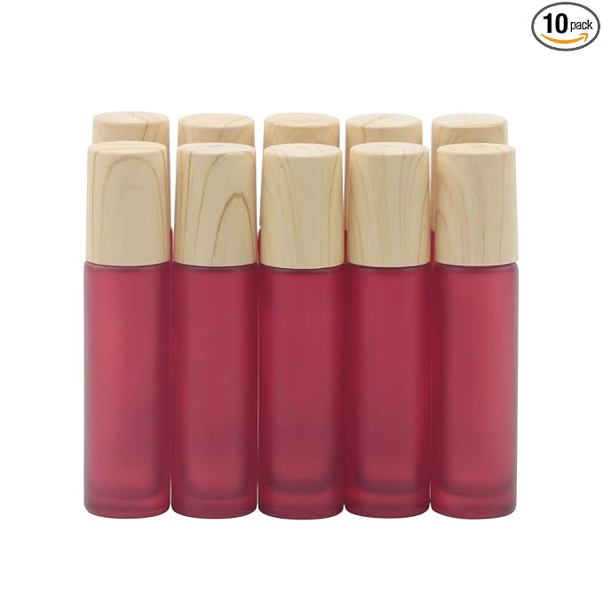 Kesell 10Pcs 10ml Frosted Glass Roller Bottles Vials Containers with Metal Roller Ball and Wood Grain Plastic Cap for Essential Oil Perfume Cosmetic