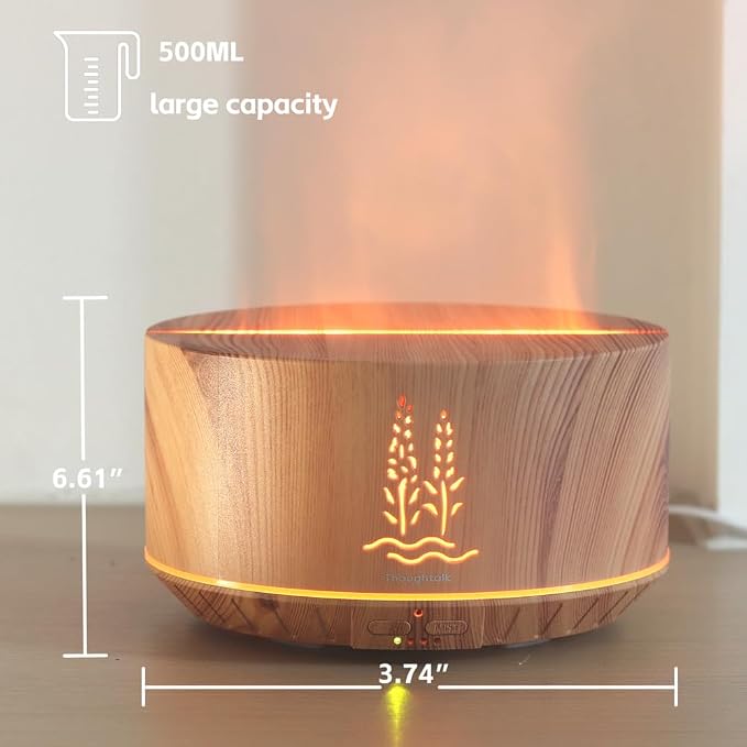 Ultrasonic Essential Oil Diffuser 500ml, Wood Grain Aromatherapy Diffuser with 7 Colors Flame Night Light, 32H Cool Mist for Home Bedroom Large Room Office