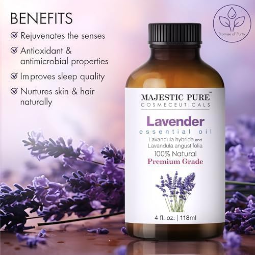 Majestic Pure Essential Oil with Glass Dropper - Essential Oils for Diffuser, Aromatherapy, Soap and Candle Making, Lavender Essential Oil, Lavender Oil, 4 Fl Oz