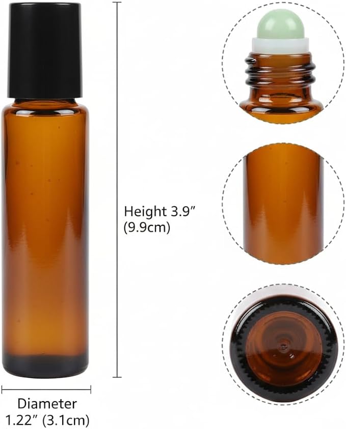 30ml Amber Glass Roll On Bottle with Jade Roller Ball - Refillable, Leak-Proof Essential Oil Bottle for DIY Perfume, Aromatherapy, Skincare & Travel(Green, 30, Milliliters)