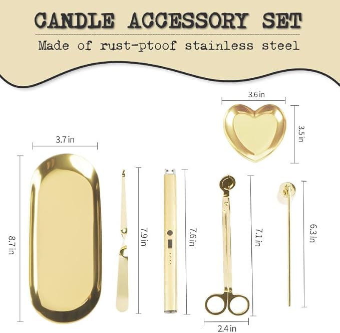 6 in 1 Candle Wick Trimmer Cutter,Candle Lighter Rechargeable, Candle Snuffer Extinguisher, Candle Wick Dipper, Candle Care Kit，Candle Accessory Set with Storage Tray Plate for Candle Lover (Gold-02)