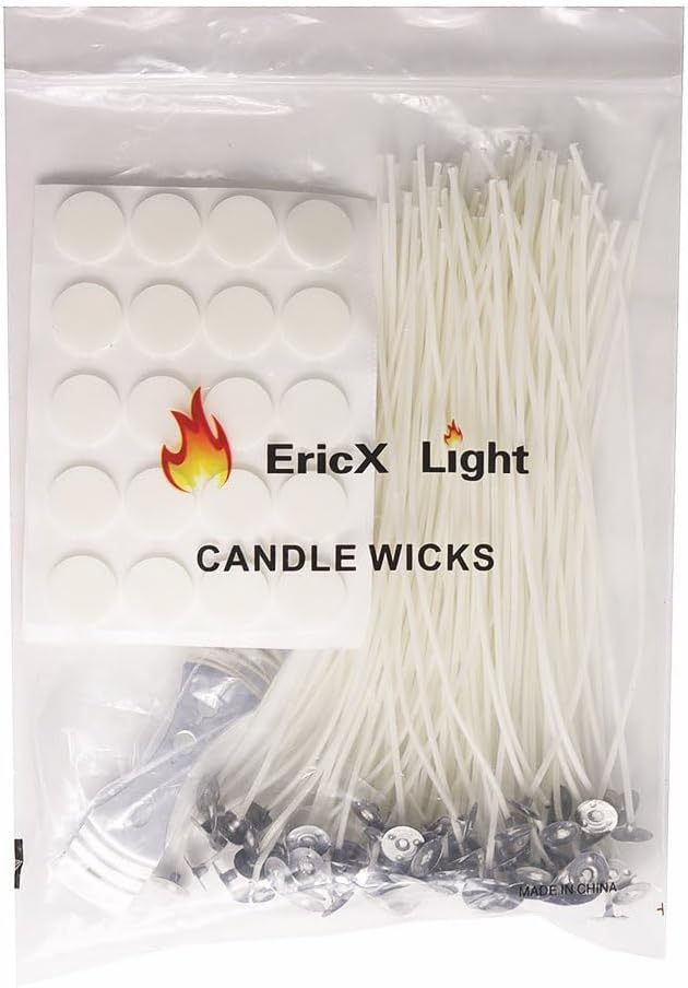 EricX Light 8 inch Candle Wick with Candle Wick Stickers and Candle Wick Centering Device,60 pcs for Candle Making