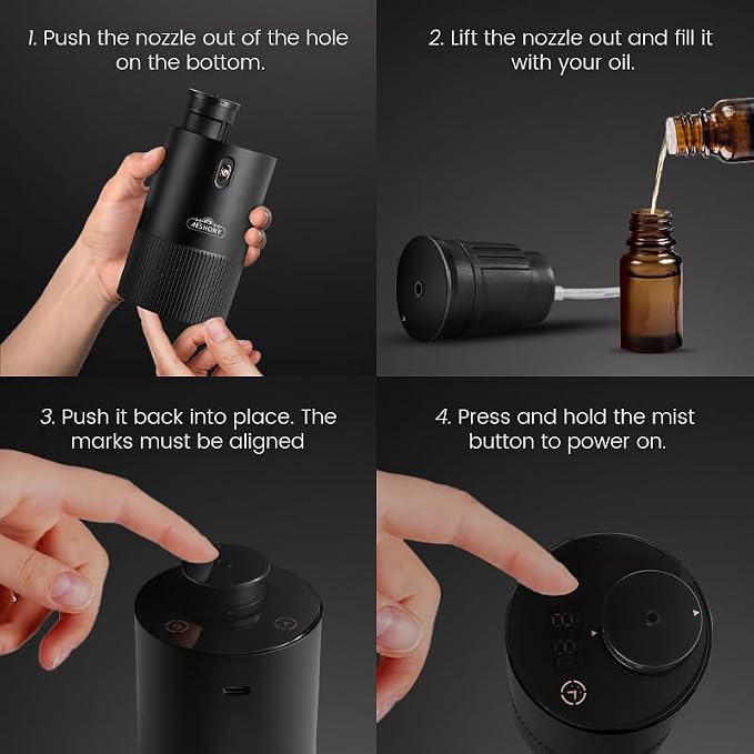Waterless Diffuser for Essential Oil, Smart Car Air Freshener Diffuser, Scent Diffuser with Timer & 4 Mist Levels for Home, Room, Car, Office - Black