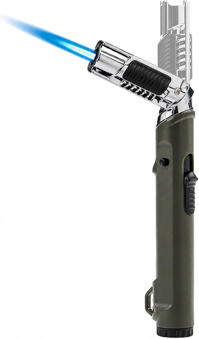 Flexible Neck Torch Lighter, Windproof Jet Flame, Refillable with Safety Lock & Adjustable Flame, 1300°C High Temp Extended Handle Lighter for Candle BBQ Kitchen Camping (Without Butane)-Dark Green