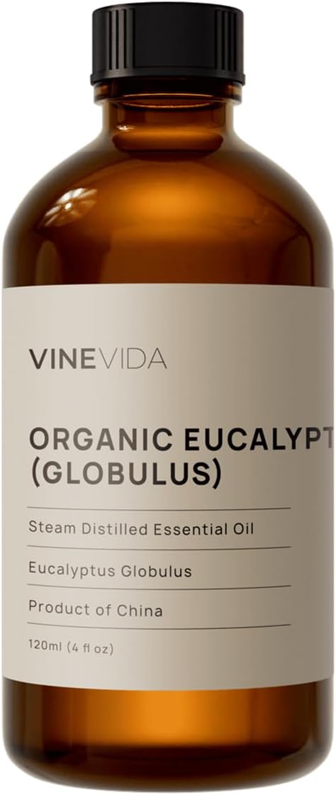 VINEVIDA Organic Eucalyptus Essential Oil 4 oz - Undiluted Organic Eucalyptus Oil 4 oz - DIY Candle Scents for Candlemaking - Bulk Essential Oil for Soap Making (4OZV-OBP-ORG-EUC-120ML)