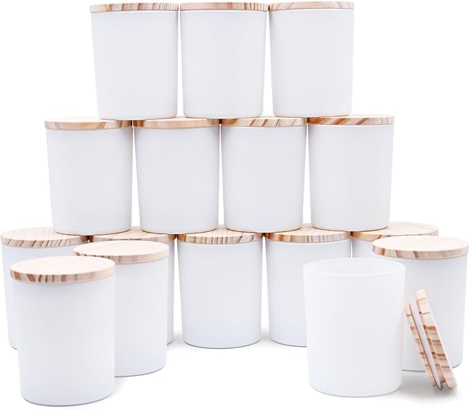SHOWIN Thick Candle Jars for Making Candles 16 Pcs, 7 OZ Empty Jars with Wood Lids for Candle Making, Sample Container, Matte White