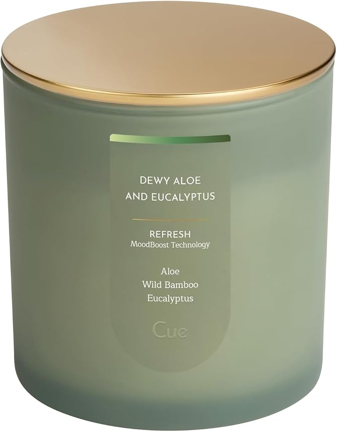 CUE Scented Candle |MoodBoost Essential Oils |OpenWick Clean Burning Candle | Soy Coconut Wax Blend | Candle for Home | Gift |Extended Burn Time (8.5oz, Dewy Aloe and Eucalyptus)