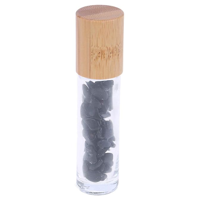 5 Pack 10ml Clear Roll On Bottles With Natural Chakra Crystal Chips for Essential Oils,Perfume Glass Roller Bottles Container Bamboo Lid,Crystal Roller,Pipette&Opener Included (Black Obsidian)