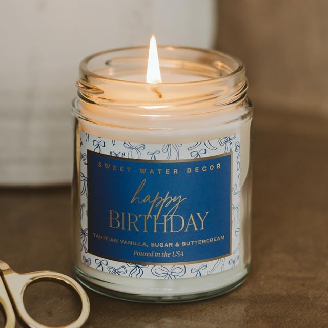 Sweet Water Decor Happy Birthday Candle Jar, Non-Toxic Soy Wax, Blue Bows Candle with Tahitian Vanilla, Sugar, and Buttercream Scent Notes, 40+ Hour Burn Time 9 oz with Gold Lid, Birthday Gift for Her