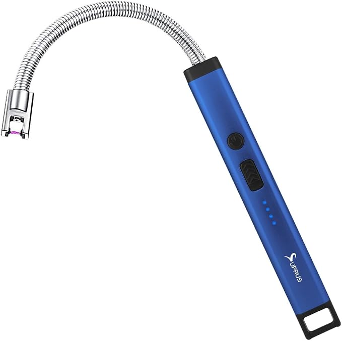 SUPRUS Rechargeable Candle Lighter Electric Arc Triple Safety Long Lighter Stainless Steel Shell & Hanging Hook (Blue)