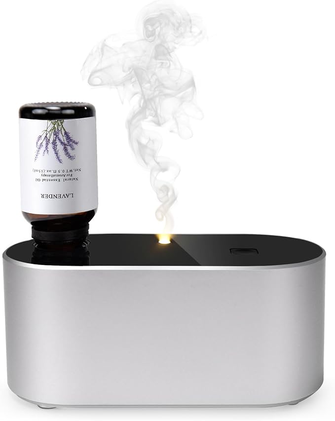 Lecdura Waterless Diffuser for Essential Oil, Battery Operated Scent Air Aromatherapy Diffuser, Mini Aroma Diffusers with 3 Intermittent Mist Modes, Cycle Start for Home Office Bedroom - Silver