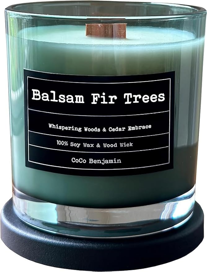 100% Natural Soy Wax Candle by CoCo Benjamin -Balsam Fir Trees -Highly Scented Hand-Poured Luxury Candle with Soothing Crackling Wood Wick for Clean & Even Burn