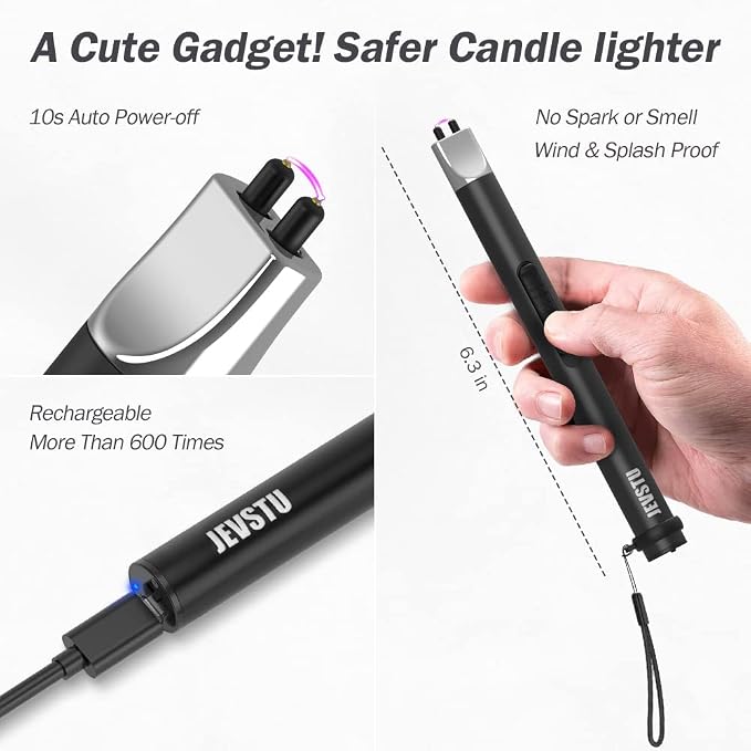 Candle Lighter, Electric USB Rechargeable, Arc Plasma Electronic Windproof Flameless Long Lighter with Safety Switch Hook for Kitchen, Black & Black