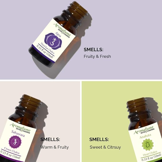 Third Eye Chakra, Crown Chakra, Heart Chakra Essential Oil Diffuser Blends by Aromafume | 3 x 10ml/0.33 fl oz| Aromatherapy Oils for Chakra Balance | Chakra Incense for Meditation, Yoga, Reiki
