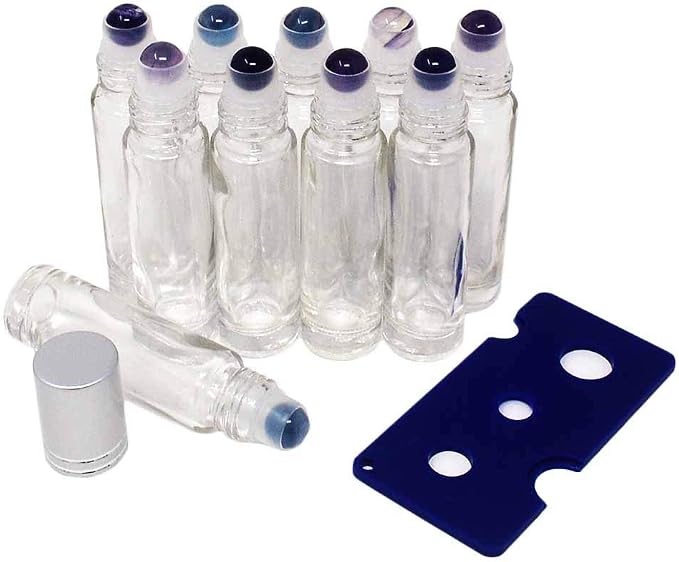 fengshuisale 10pcs Clear 10ml Empty Refillable Glass Bottles with Crystal Semiprecious Stones Essential Oil Gemstone Roller Ball Bottles with Silver Lid with Free Bag W3900 (Fluorite)