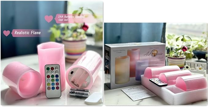 Adoria Pink Flameless LED Candles Set of 3-Real Wax Pillar Candles with Rose Scented Remote and Timer, Dia3xH4/5/6 Inch for Wedding,Party,Gift