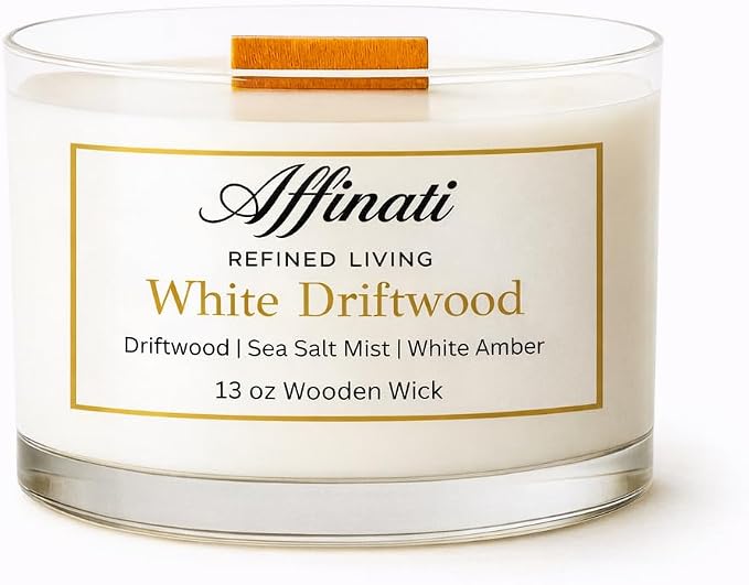 Affinati White Driftwood Wooden Wick Candle – Luxury Wooden Bowl, 13 oz