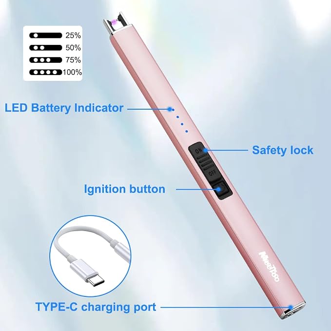 MeeToo Electric Candle Lighter Rechargeable Type-C - Gifts for Wife Men Women Nana, USB Plasma Arc Windproof Lighters for Candle Christmas Camping Kitchen Rose Gold