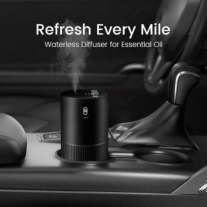 Waterless Diffuser for Essential Oil, Smart Car Air Freshener Diffuser, Scent Diffuser with Timer & 4 Mist Levels for Home, Room, Car, Office - Black