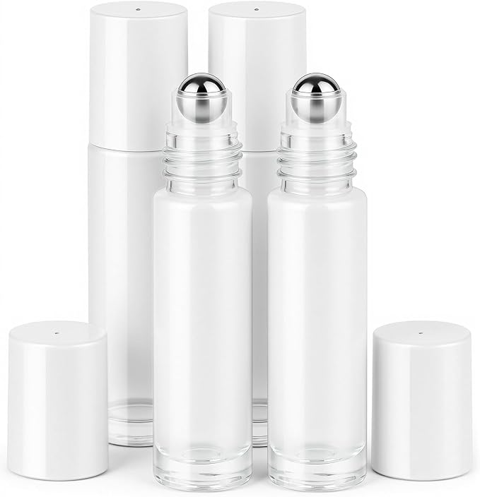 sungwoo 4 Pack Roller Bottles, 10 ml Essential Oil Glass Roller Bottles with Stainless Steel Roller Balls Whtie