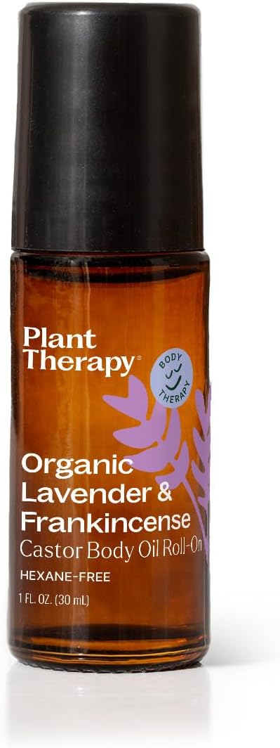 Plant Therapy Organic Lavender & Frankincense Castor Body Oil Roll-On 30 mL (1 oz) Soothes Dryness, and Skin Irritation, Calming Aroma, Relaxation, Pure, Organic Formula, Healing Benefits