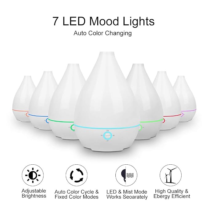 Aromatherapy Diffuser 500ml, Ultrasonic Essential Oil Humidifier, 7 Color Changing LED, Adjustable Mist Mode, BPA-Free & Auto Shut-Off for Bedroom Spa Office