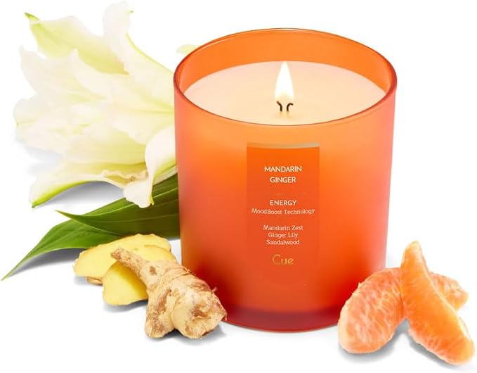 CUE Scented Candle |MoodBoost Essential Oils |OpenWick Clean Burning Candle | Soy Coconut Wax Blend | Candle for Home | Gift |Extended Burn Time (8.5oz, Mandarin Ginger)