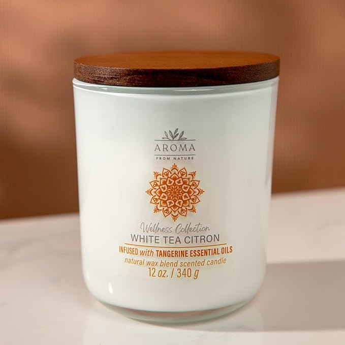 House of Velas, Aroma from Nature Wellness Collection Candle, 12 oz, 2 Cotton Wicks, White Tea Citron, Large Painted Jar