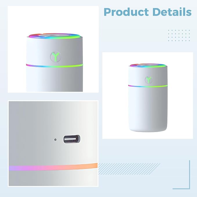 Compact Usb Mini Humidifier, Travel Friendly Cool Mist Diffuser With Colorful Light, Quiet 230 Ml For Car And Desk