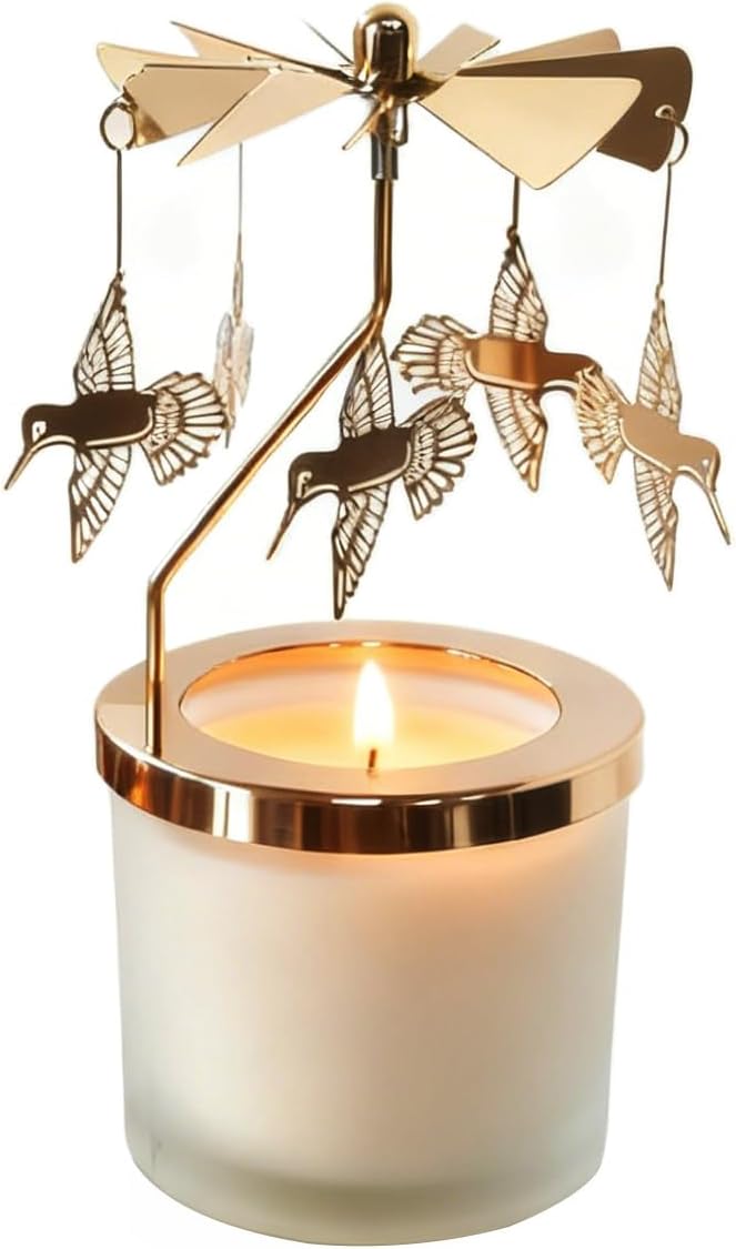 kingnero Lavender Scented Candle Carousel Rotary Candle Holder Spinning Tea Light Holder Birthday Gifts for Women, Mom, Wife, Girlfriend, Sister, Female Friends, (Golden Hummingbird)