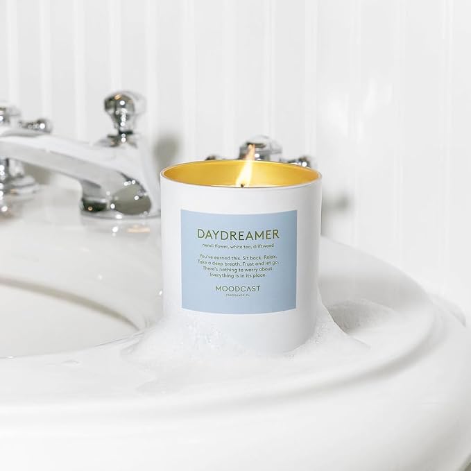 Moodcast Daydreamer Scented Candle - Aesthetic Candle for Home, Neroli Flower, Driftwood & White Tea, Clean Coco Wax Blend, Vegan, Paraben Free, 45-Hour Long Lasting Burn - 8oz