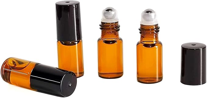 50 PCS 3ml Amber Glass Roller Bottle,Essential Oil Sample Vials with Stainless Steel Roller Ball,Black Caps,for Travel Perfume Cosmetics Small Container(2 Funnels, 2 Dropper, 1 Opener) (3ml)