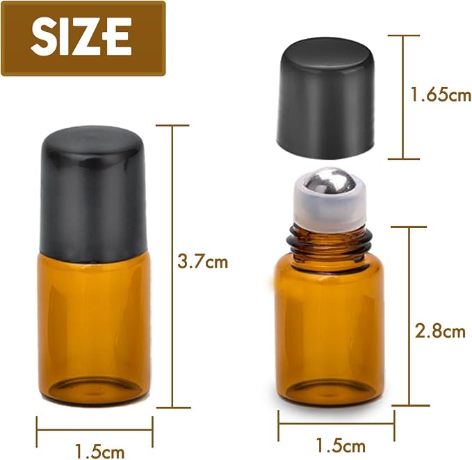 2ML Essential Oil Roller Bottles, 24 Pack Amber roller bottles for oils, Mini Glass Roll on Bottles with Stainless Steel Roller Balls&2 Droppers