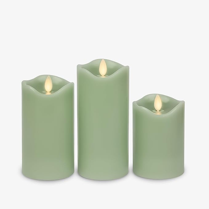 Matchless Candle Co. by Luminara Set of 3 (3" x 4.5",5.5",6.5") Flameless LED Flickering Battery Candle Moving Flame Pillar, Melted Edge, Real Wax Smooth Finish (Pastel Green)