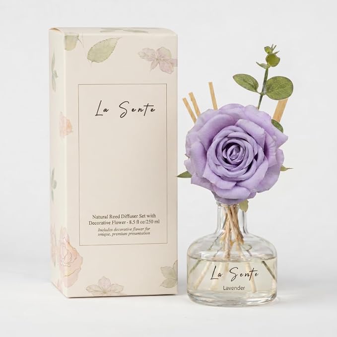 Lavender Reed Diffuser Set 8.5oz/250ml – Long Lasting Flameless Home Fragrance with Elegant Glass Bottle, Decorative Flower & Natural Reeds for Bathroom, Bedroom, Office