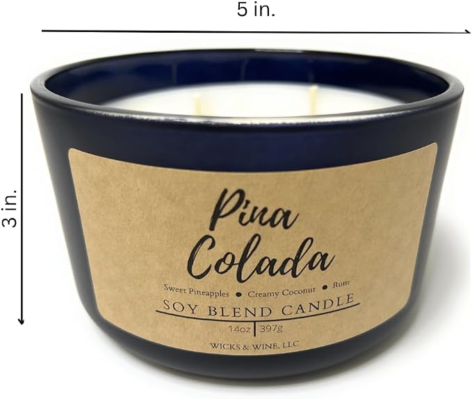 Wicks & Wine Soy Blend 3-Wick Cotton CORE Candle 14oz (Pina Colada)