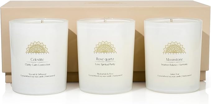 AvaConcept Healing Crystal Candle Gift Set – Set of 3 Celestite, Rose Quartz & Moonstone Hand-Poured Soy Wax Sea Salt Driftwood, Blackcurrant Rose & Amber Noir Aromatherapy Scents Premium Gift Box