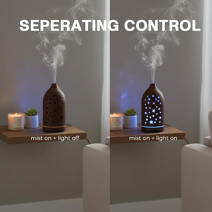 Aromatherapy Diffusers,7.1''x3.5''Diffuser with 3 Essential Oil Set,Small 200ml Office Desk Humidifier with 7 LED Colors Night Lights,Waterless Auto-Off for Home Decor Gift (Star Dark Wood Grain)