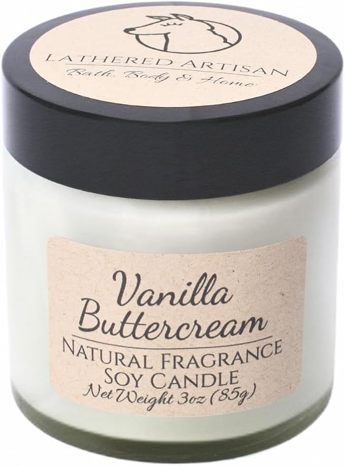 Lathered Artisan Vanilla Buttercream Natural Fragrance Candle 3 oz, Hand Crafted Pure Soy Wax Candle with Wooden Wick, Vanilla Bean, 23 Hour Burn Time, Natural Aromatherapy Glass Jar Candle with Lid