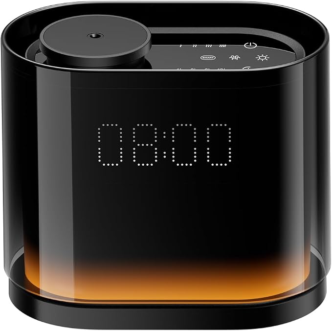 Smart Waterless Essential Oil Diffuser with 4 Hotel‑Inspired Oils | Touch & App Control, Light, Clock & Schedule – Plug‑in Air Scent Diffuser Starter Kit for Home Office, Glossy Black