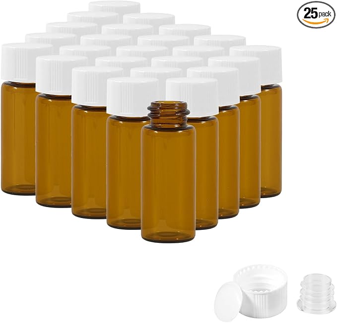 25PCS 10ml Amber Glass Vials with White Screw Caps and Plastic Stoppers, Leak-Proof Small Liquid Sample Bottles for Essential Oils, Perfumes, Reagents